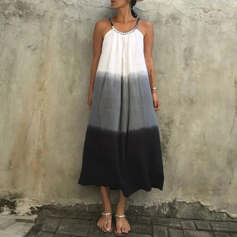 Plus Size Women Black Gray Gradient Tie Dye Suspender A Line Big Hem Midi Dress Casual Summer Beach Party Dress_ecoleips.com