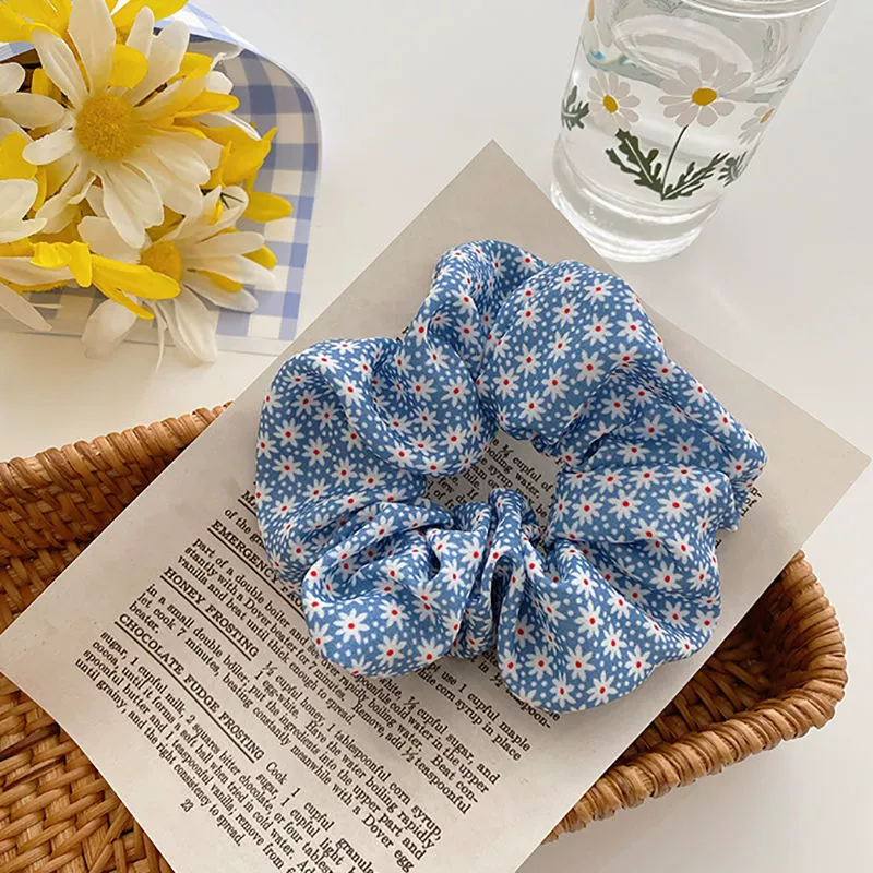Scrunchie Ponytail Hair Rope, Korean Style, Simple Elegant Blue Patterns, Pack of 5