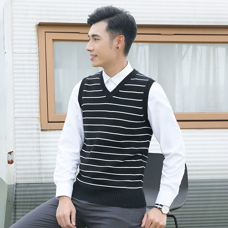 Свитер с V-образным вырезом, мужской жилет, модный трендовый жилет в полоску, корейский пуловер, хлопковый свитер с вязаным жилетом