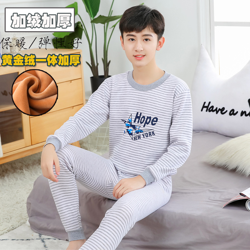 Traje de ropa interior térmica para niños forrada de lana engrosada ropa de otoño para niños jóvenes pantalones largos suéter de desgaste exterior
