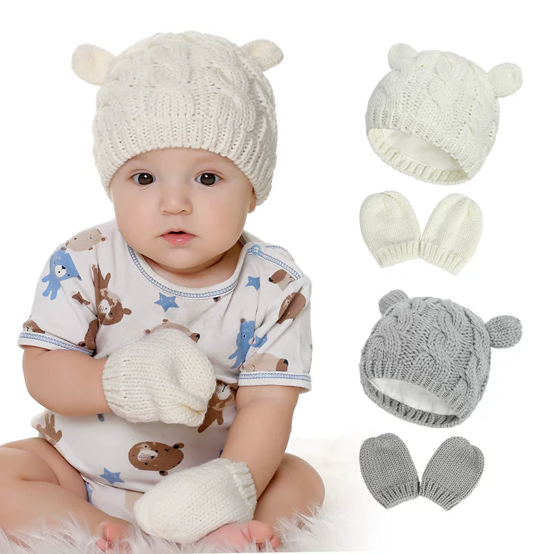 Children's knitted hat, demi-season gloves, cute set for men and women girl's, 2020