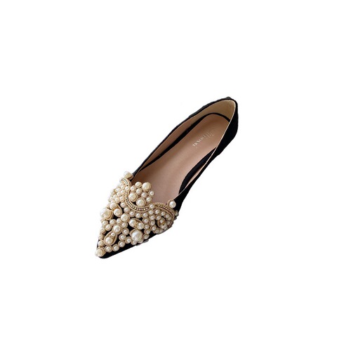 French retro new style rhinestone pearl sandals pointed toe flat hollow women's shoes shallow mouth single shoes sandals large size 4142