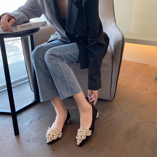 French retro new style rhinestone pearl sandals pointed toe flat hollow women's shoes shallow mouth single shoes sandals large size 4142