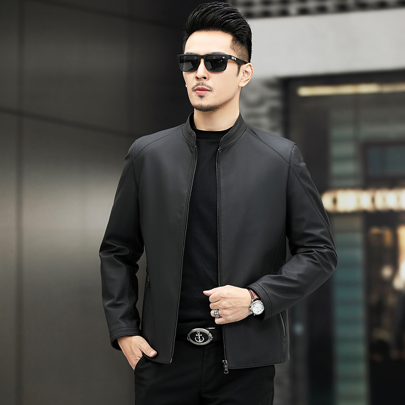 Men's Leather Coat Autumn and Winter New Genuine Leather Coat Thin Single Casual Leather Jacket Coat Middle-aged Short Collar