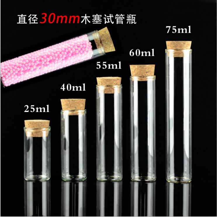 Transparente vidrio borosilicato 30mm corcho sellado tubo de ensayo botella caramelo perfumado té cápsula control cubeta al por mayor