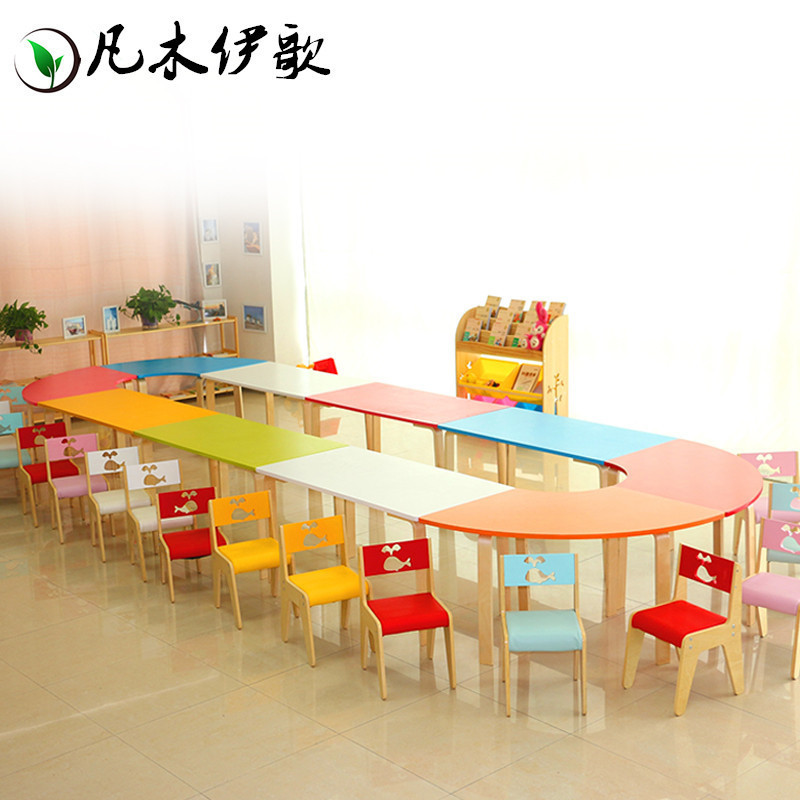 Kindergarten Simple Solid Wood Table and Chair Combination Early Education Children's Dining Table Long Table Large Round Table Table Set Wholesale