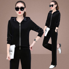 休閒運動套裝女金絲絨時尚2022新款春秋女裝薄款衛衣連帽兩件套潮