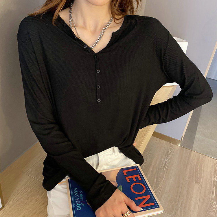 2023 Primavera/Verano/otoño nueva camisa de fondo máscara superior hilo de color sólido de manga larga Camiseta de las mujeres con cuello en V camisa pequeña cuerpo image 5