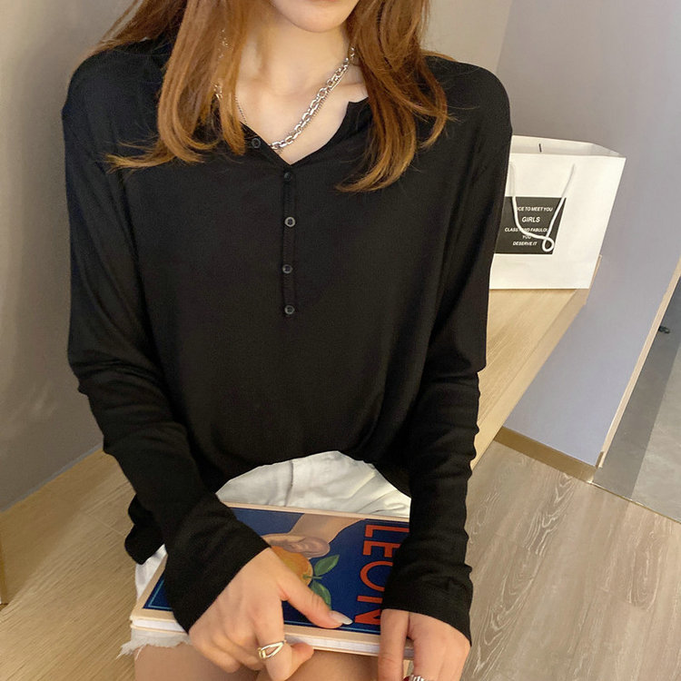 2023 Primavera/Verano/otoño nueva camisa de fondo máscara superior hilo de color sólido de manga larga Camiseta de las mujeres con cuello en V camisa pequeña cuerpo image 8