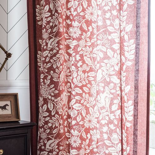 Orange flower and bird printed curtains finished imitation cotton and linen American country kitchen curtains bay window curtains factory direct sales