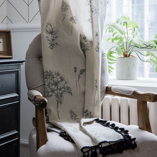 Yimanqiyun Curtains Gray Flower Print Curtains Finished Black Tassel Pastoral Kitchen Curtains Bay Window Curtains