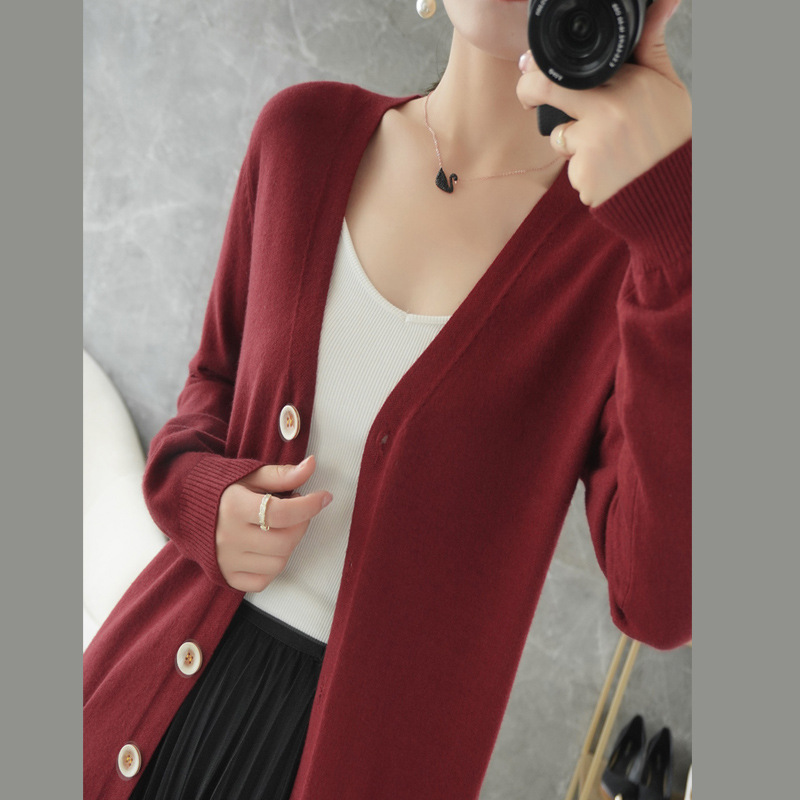 New V-neck knitted cardigan outer sweater slim fit fashionable all-match mid-length loose plus size solid color coat