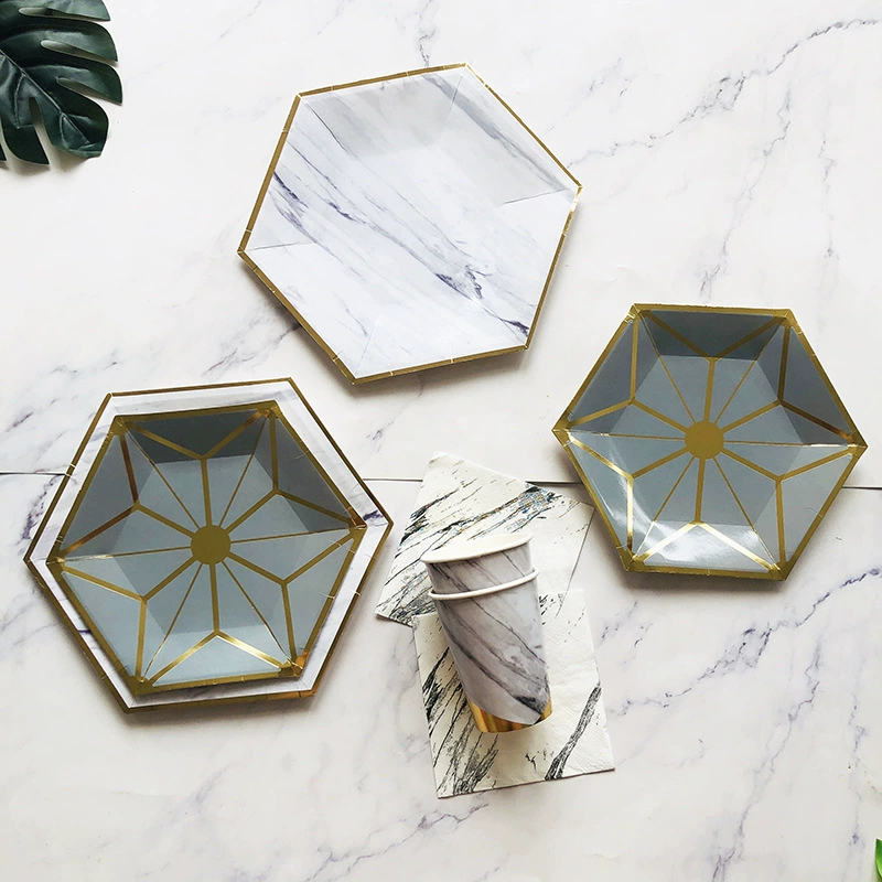 Hexagonal gold-printed marble disposable party plates for cake fruit plates picnic plates cups