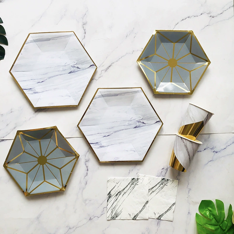 Hexagonal gold-printed marble disposable party plates for cake fruit plates picnic plates cups