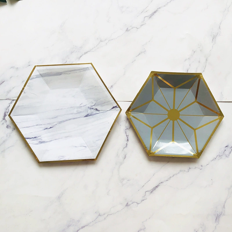 Hexagonal gold-printed marble disposable party plates for cake fruit plates picnic plates cups