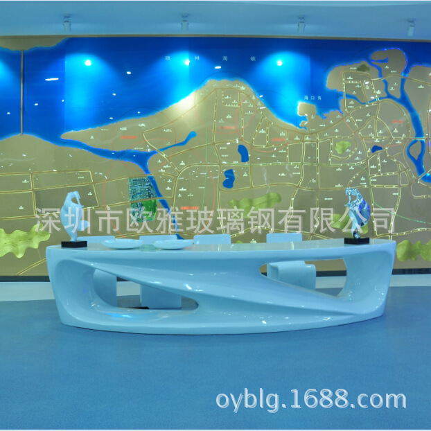 供应大型玻璃钢前台烤漆人造石接待台异形迎宾桌展示台美陈雕塑
