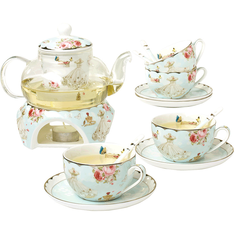 Juego de té de vidrio con tetera con diseño floral, resistente al calor, resistente a altas temperaturas, tetera con filtro y tapa, de alto valor estético.