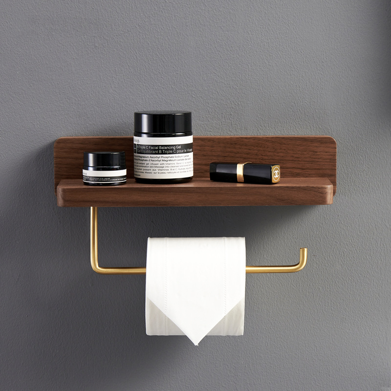 Paper Towel Holder Solid Wood Bathroom Brass Toilet Roll Paper Holder Wall Hanging Punch-free Black Walnut Mobile Phone Holder Storage Rack