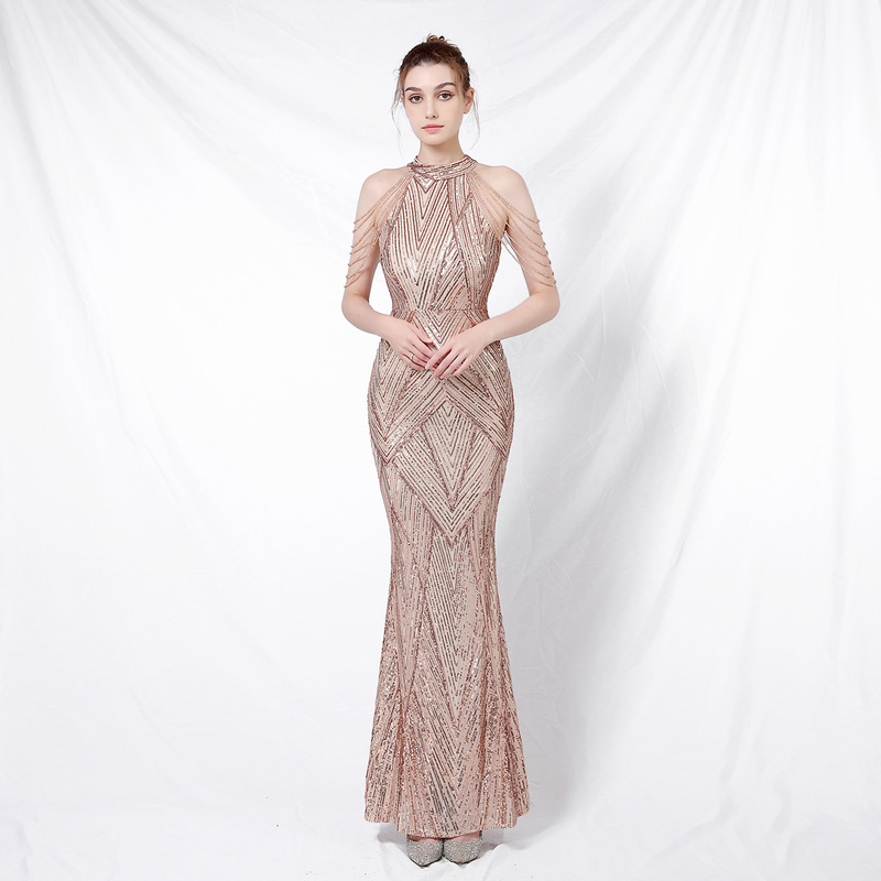 18126 # New Banquet Style Elegant Long Halterneck Sequined Lady's Cool Aura Queen Fishtail Evening Dress