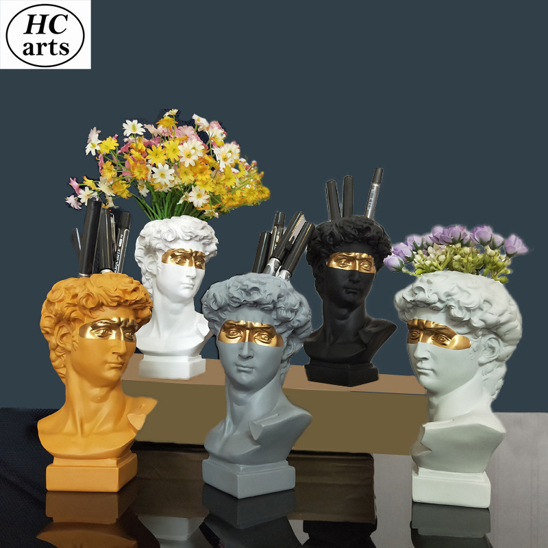 Small size resin plaster head portrait vase blindfolded pirate David makeup brush pen holder storage box succulent flower pot