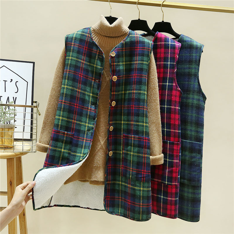 2021 Otoño e Invierno chaleco forrado de lana de cordero engrosado estilo coreano chaleco a cuadros suelto chaleco largo abrigo cálido para mujeres
