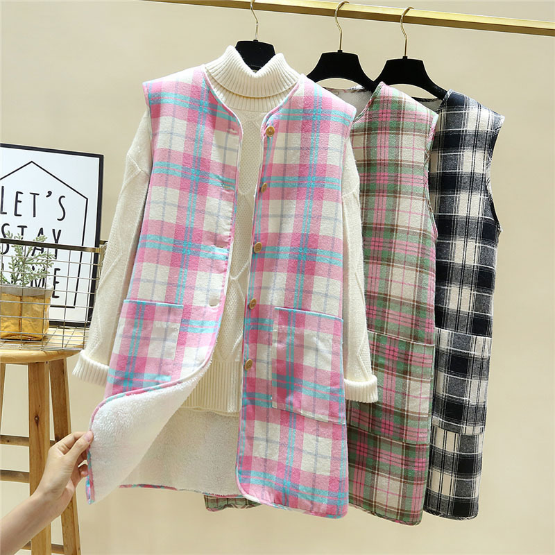 New Autumn and Winter Lamb Wool Fleece-Lined Vest, Thickened Korean Style Loose Plaid Vest, Long Waistcoat, Warm Jacket for Women