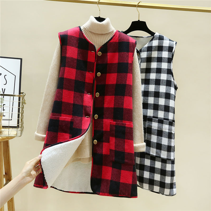 2021 Otoño e Invierno chaleco forrado de lana de cordero engrosado estilo coreano chaleco a cuadros suelto chaleco largo abrigo cálido para mujeres