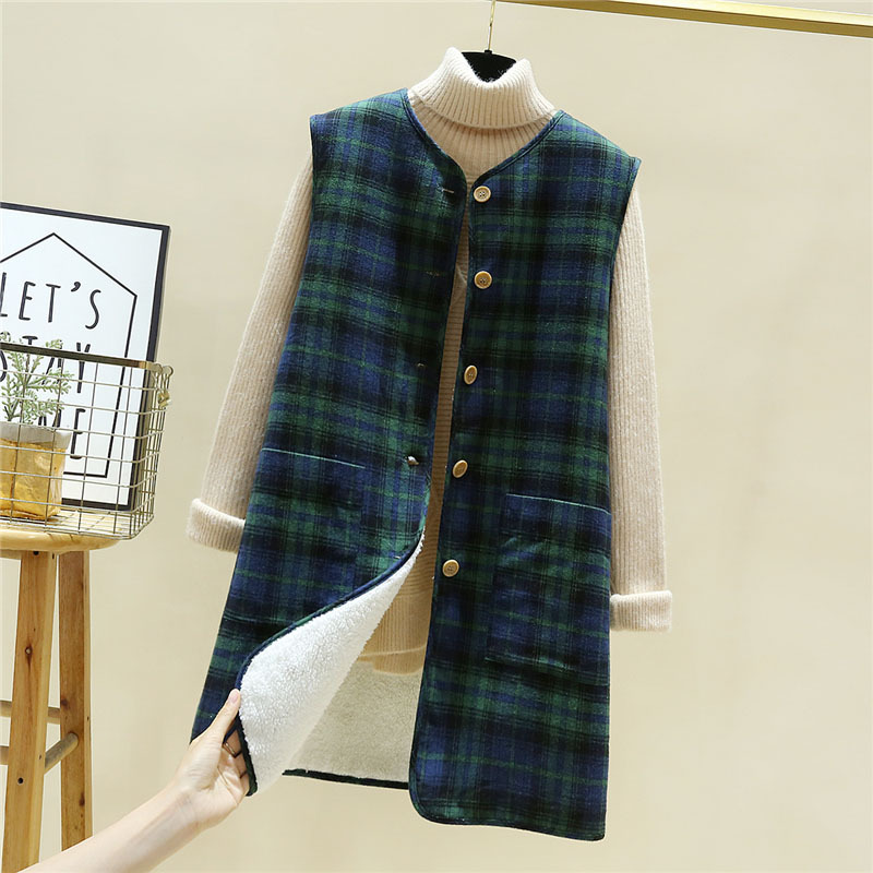 2021 Otoño e Invierno chaleco forrado de lana de cordero engrosado estilo coreano chaleco a cuadros suelto chaleco largo abrigo cálido para mujeres