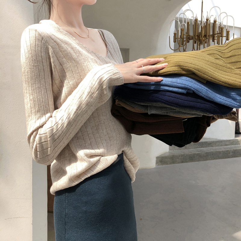 Lazy Style Long-sleeved Autumn Clothes Women's Outer Wear Loose Pullover V-neck Spring and Autumn T-shirt Knitted Korean-style All-match Top