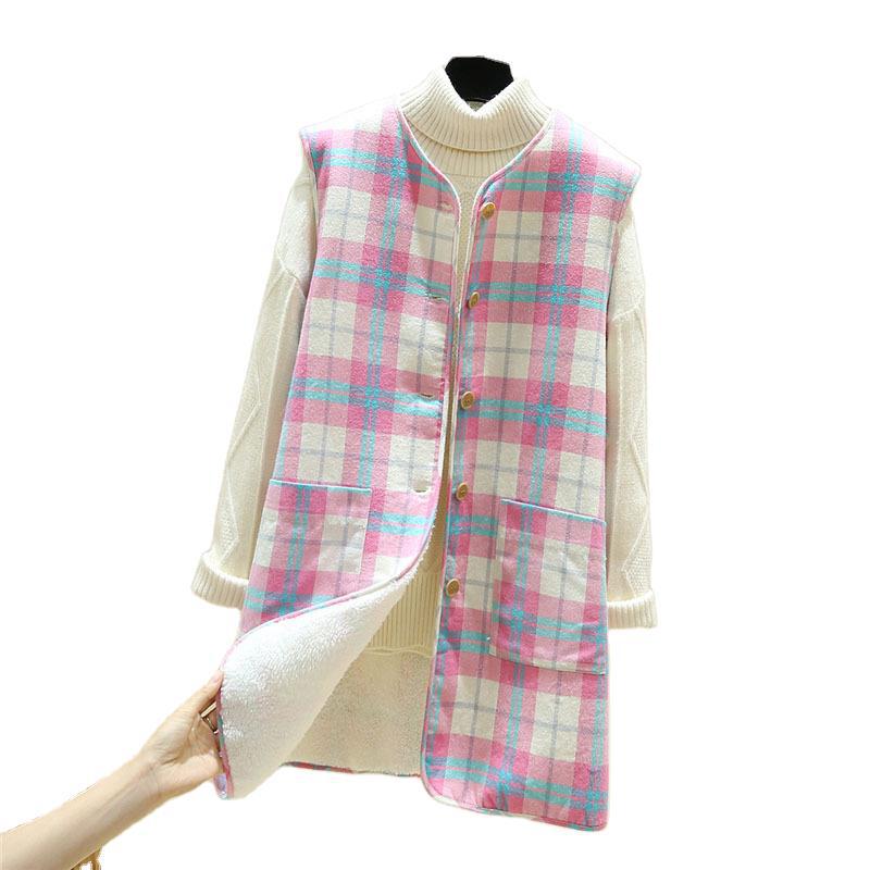 2021 Otoño e Invierno chaleco forrado de lana de cordero engrosado estilo coreano chaleco a cuadros suelto chaleco largo abrigo cálido para mujeres