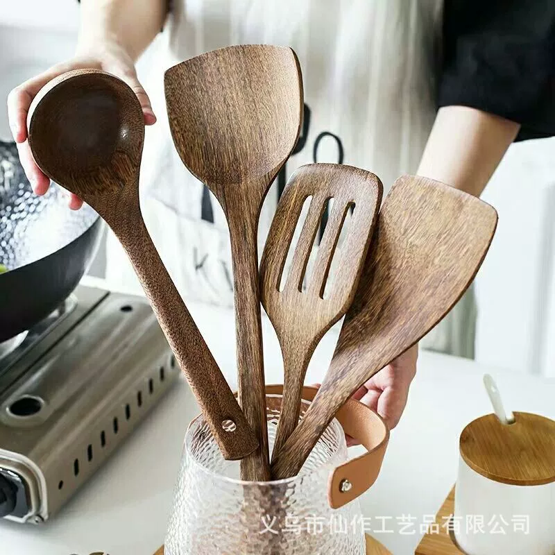 ✅@ Non-stick long-handled spatula, no paint, no wax, chicken wing wood, wooden spatula, wooden spoon set, kitchen tool
