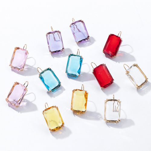 European and American cross-border jewelry niche design colorful square rhinestone earrings for women geometric fashion ear hook earrings