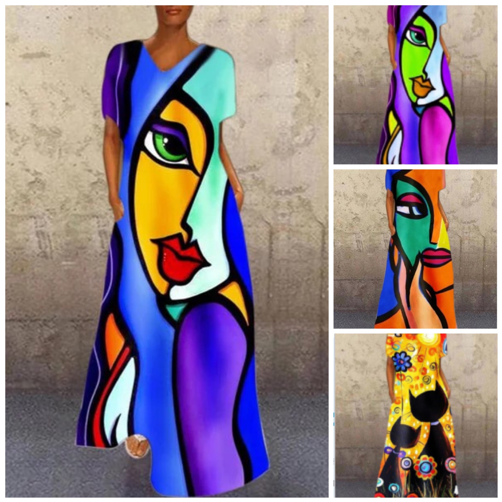 2024 Cross-border Independent Station New European and American dress Retro Figure Cat Print V-neck Four-sided Long Dress