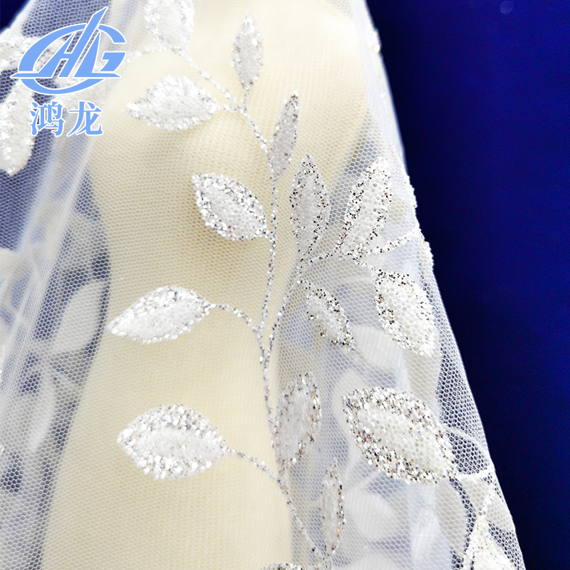 Tejido de vestido de boda, cuentas de malla blanca, esquinilla, vestido de polvo de alto nivel, tela de moda de boda
