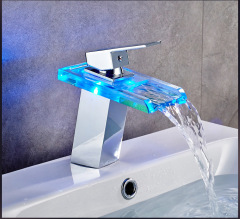 Three-Color LED Temperature Control Glass Faucet Square Waterfall Bathroom Sink Faucet Hot and Cold Water Manufacturer