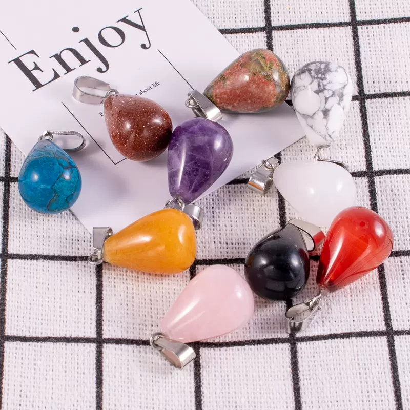 水滴项链挂坠天然石玛瑙圆吊坠粉晶13*18mm批发天然石吊坠