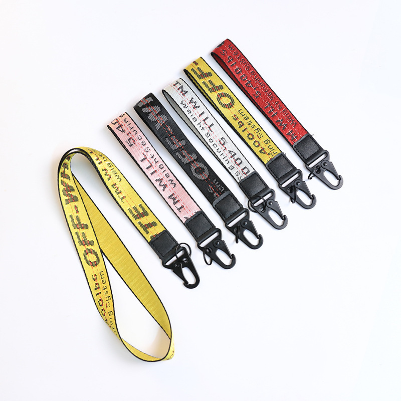 Embroidered off letters hanging neck lanyard imitation nylon long and short car key chain metal key ring hook for men and women