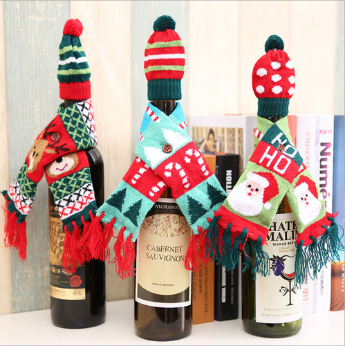 Christmas decoration bottle cover knitted scarf and hat red wine bottle cap snowman bottle sleeve restaurant decoration