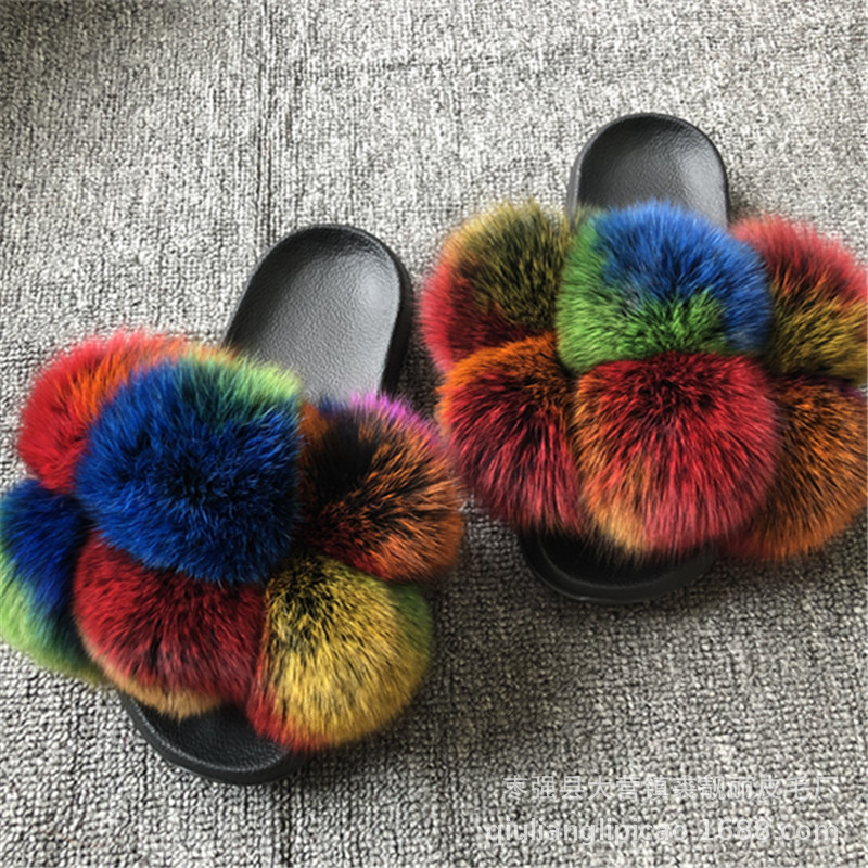 New Amazon AliExpress foreign trade fox fur ball slippers European and American fashion Fox raccoon fur slippers