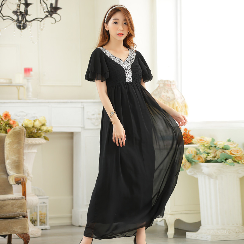 9629# Atmospheric Annual Meeting Horn Sleeve Sequin V-Neck Lengthened Evening Ceremony Large Size Dress Chiffon Dress