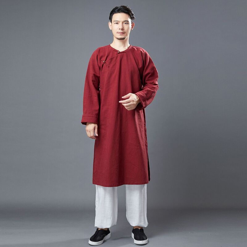 24 Autumn New Men's Round Neck Diagonal Collar Shirt Chinese Style Mid-Length Long Sleeve Solid Color Ramie Buttoned Robe