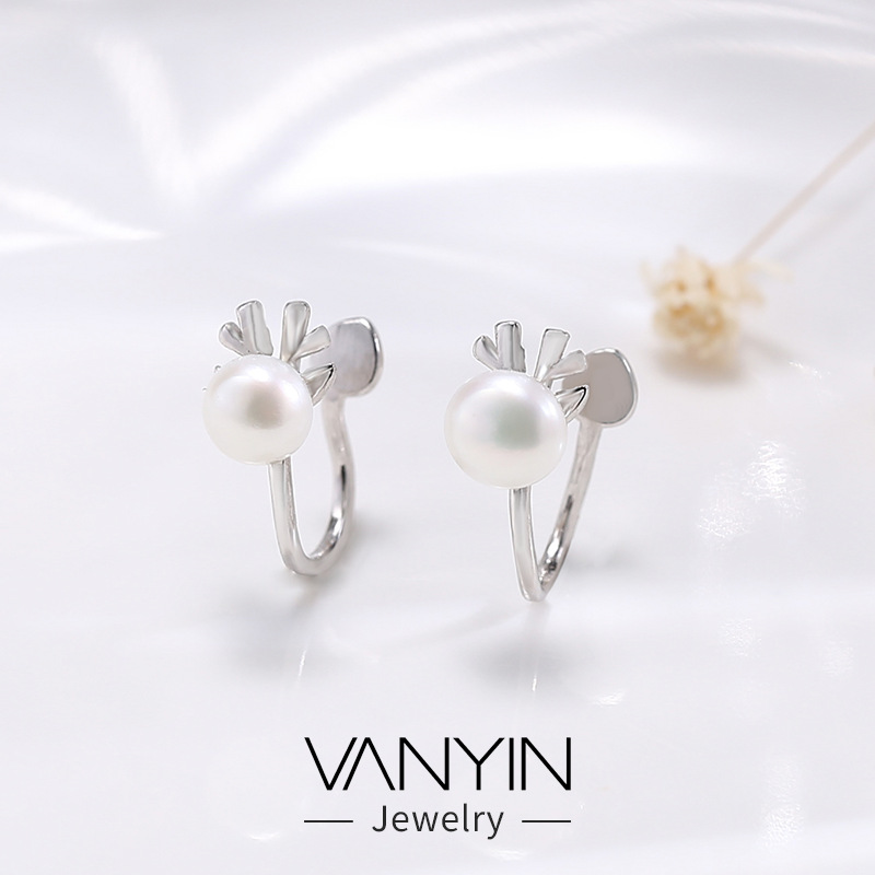 Wanying Jewelry Antler Pearl Ear Clip Women's S925 Sterling Silver Korean Style Ear Holes Internet Popular Creative Cute Gift Customization