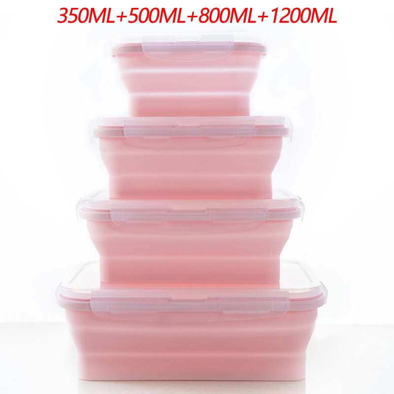 Amazon caja de almuerzo de silicona caliente crisper silicona plegable de cuatro piezas caja de almuerzo de viaje al aire libre en stock al por mayor