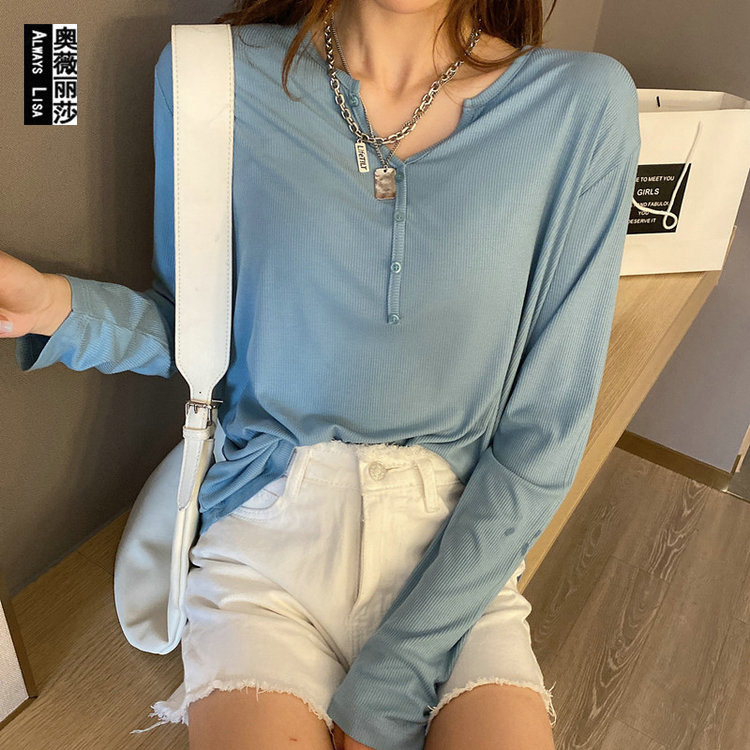 2023 Primavera/Verano/otoño nueva camisa de fondo máscara superior hilo de color sólido de manga larga Camiseta de las mujeres con cuello en V camisa pequeña cuerpo image 3
