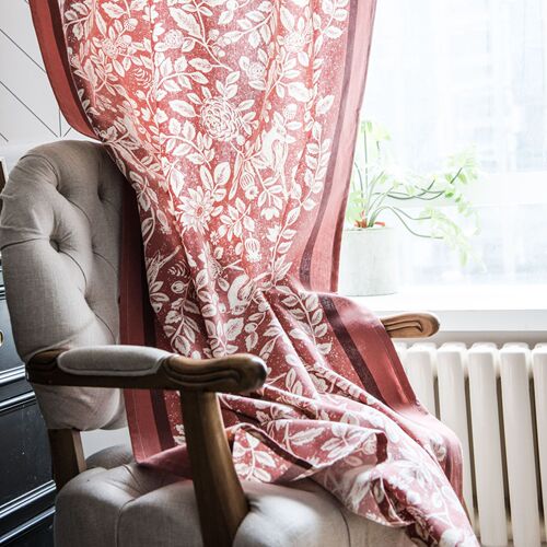 Orange flower and bird printed curtains finished imitation cotton and linen American country kitchen curtains bay window curtains factory direct sales