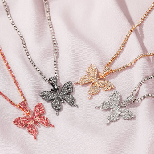 Cuban butterfly necklace European and American cross-border rhinestone butterfly pendant necklace hip-hop jewelry tennis choker