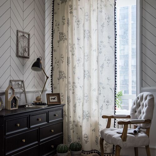 Yimanqiyun Curtains Gray Flower Print Curtains Finished Black Tassel Pastoral Kitchen Curtains Bay Window Curtains