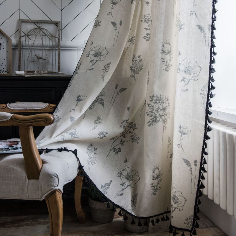 Yiman Qiyun Curtain Grey Flower Print Curtain Finished Black Tassel Pastoral Kitchen Curtain Floating Window Curtain Yiman Qiyun Curtain Grey Flower Print Curtain Finished Black Tassel Pastoral Kitchen Curtain Floating Window Curtain