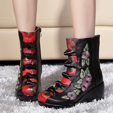 民族风绣花鞋嫔妃丽人冬靴头层牛皮单靴刺绣女靴坡跟中筒靴马丁靴