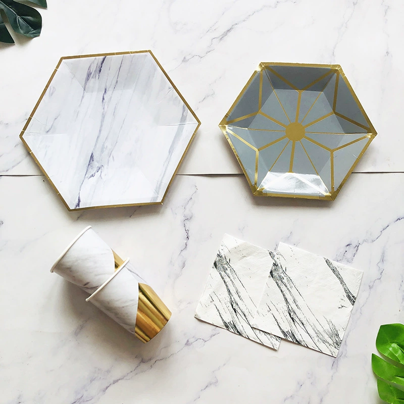 Hexagonal gold-printed marble disposable party plates for cake fruit plates picnic plates cups